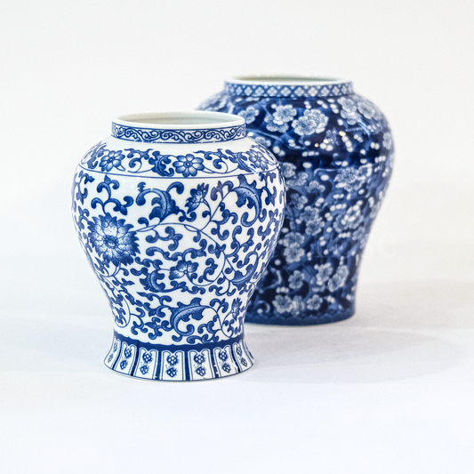 Pair of Blue & White Ginger Jar Vases/Pots with lids